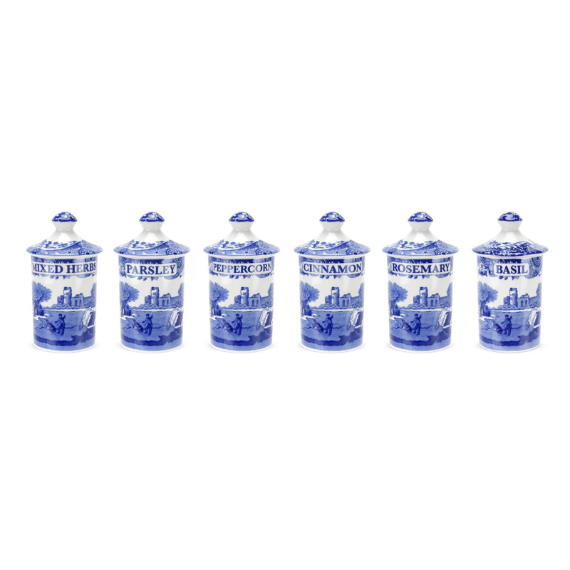 Spode Blue Italian Fine Porcelain Spice Jars, Set of 6