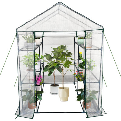 Spacious Walk-In Greenhouse for Outdoor Gardening with 6 Sturdy Shelves, Durable Steel Frame, Roll-Up Zippered Door & Anchors with Ropes for Stability in Garden or Patio, 143x143x195cm (White)