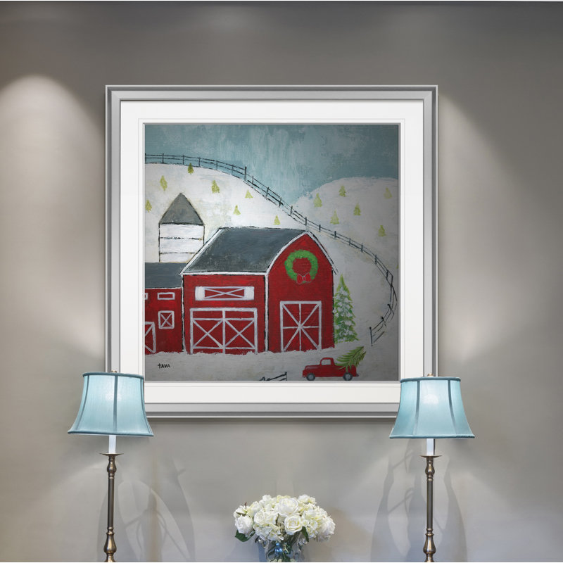 « christmas grange », peinture, H 24 po x l 24 po x P 1,5 po, Encadrement argenté