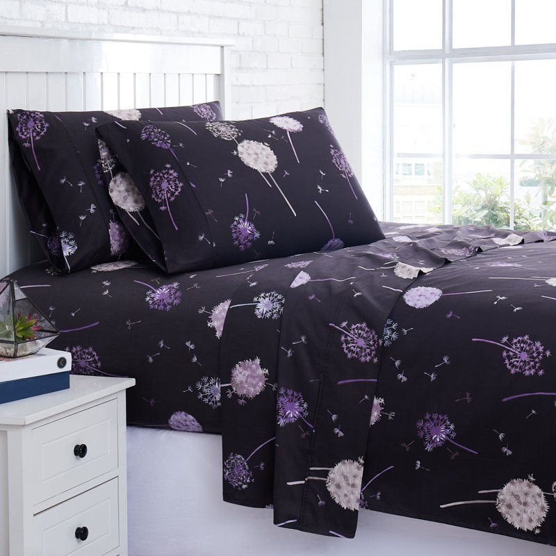 Ensemble de draps 100% coton 300 fils Dandelion Dreams Collection, Très grand californien, Carbone