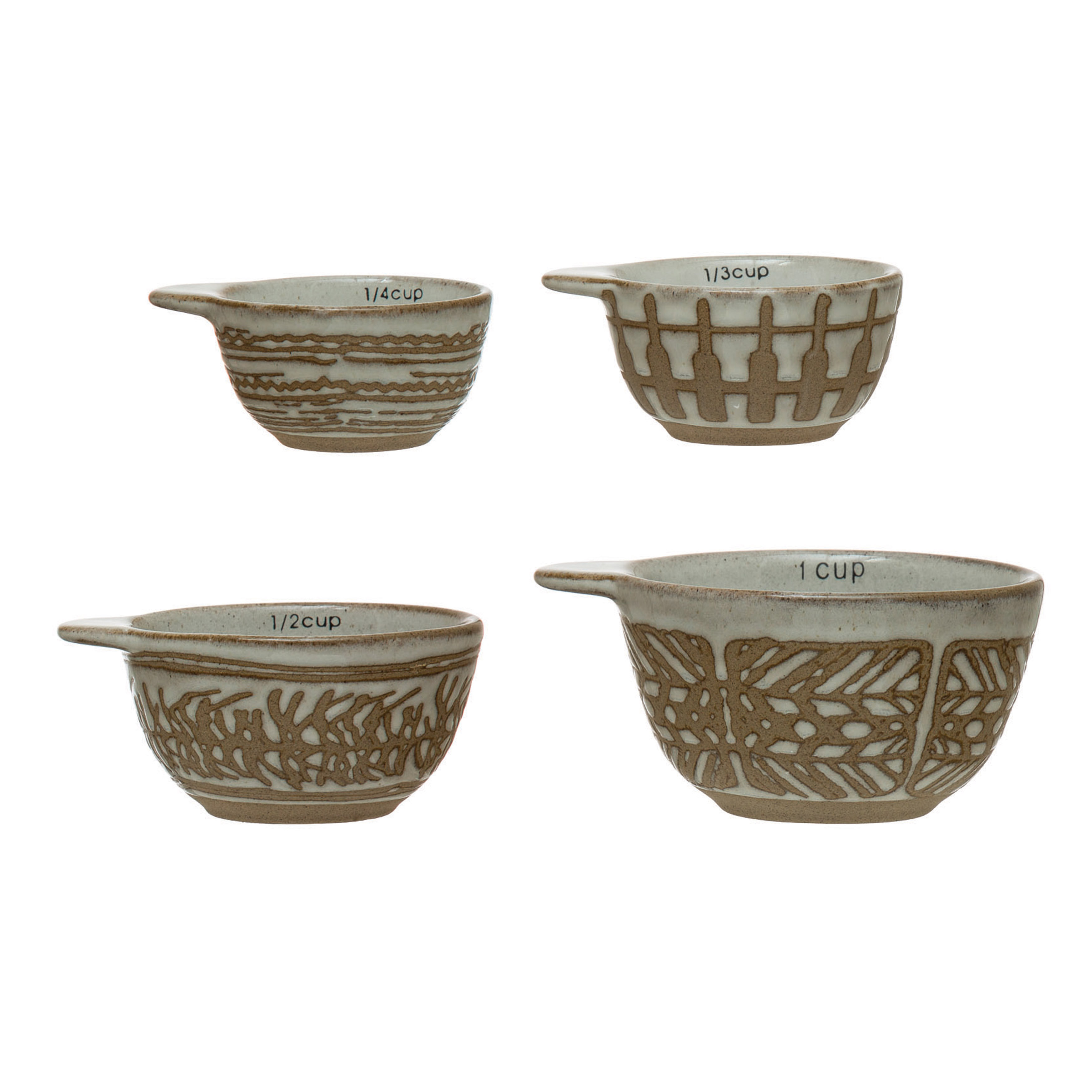 Hand-Stamped Stoneware Measuring Cups with Flowers, Set of 4