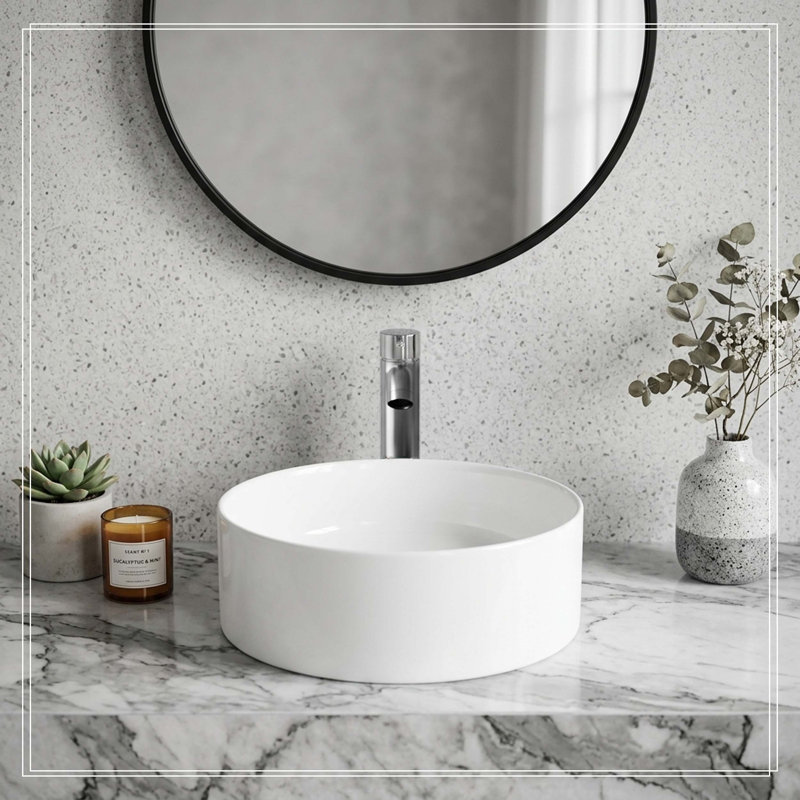 Lavabo vasque rond blanc en céramique, cuve de lavabo de salle de bain vernie élégante, meuble-lavabo de comptoir