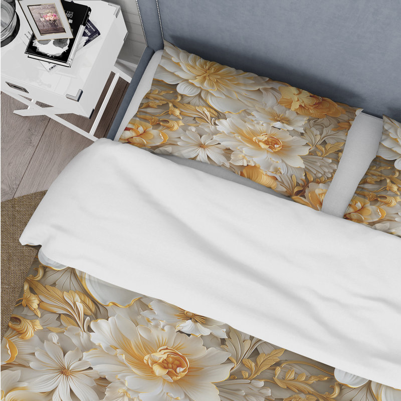 Literie Serenity II dorée et blanche Royal Flower Garden, Housse de couette pour grand lit et 2 taies décor