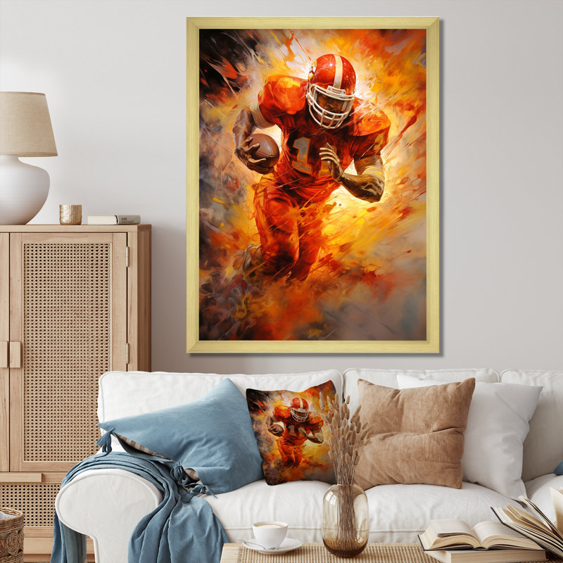 Orange Football Energy Burst I - imprimé, Encadrement doré, H 32 po x l 24 po x P 1 po