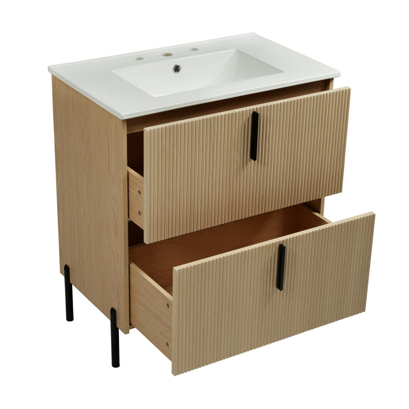 Meuble-lavabo de 30 po avec lavabo en céramique et tiroirs pleine extension, glissières de tiroir à fermeture en douceur, conception cannelée, naturel