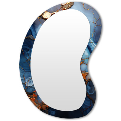 Floy Gold and Blue Marble Mosaic Agate VI - Abstract Unique Shape Decorative Wall Mirror, Modern Asymmetrical Mirror, Printed Metal Art