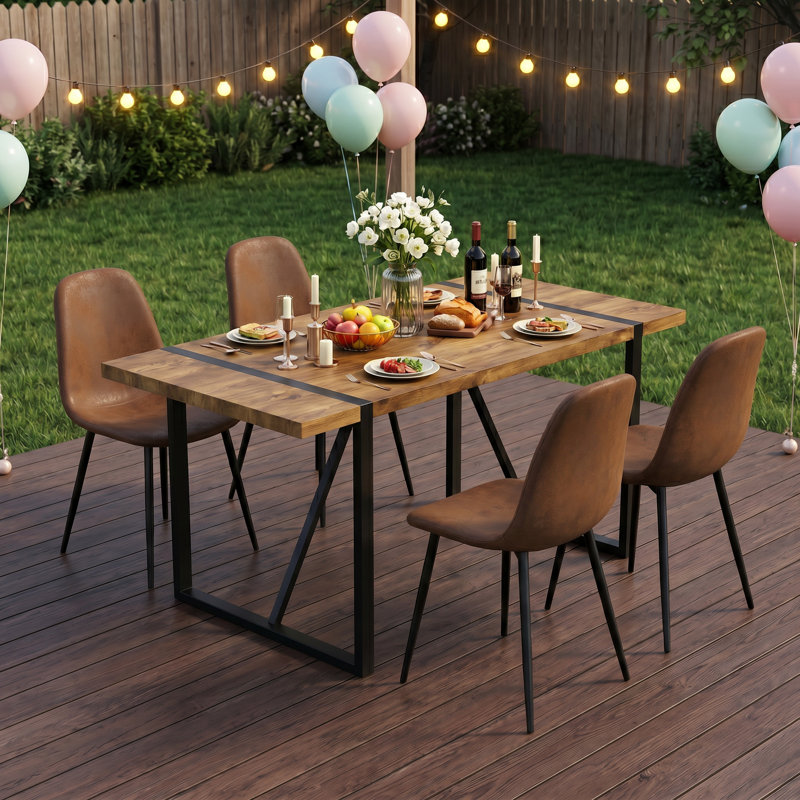 5-Piece Modern Rectangular Wood Dining Set with Geometric Metal Base and Upholstered Chairs, Brown, 5