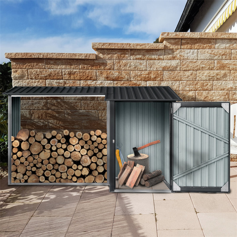 Outdoor Steel Firewood Rack And Metal Storage Shed,Two-In-One, Black