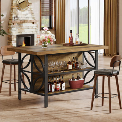 63-Inch Brown 2-Tier Long Kitchen Large Home Bar Height Table with Footrest, Farmhouse Coffee Pub Unit, Dining Room, Living Room, Basement