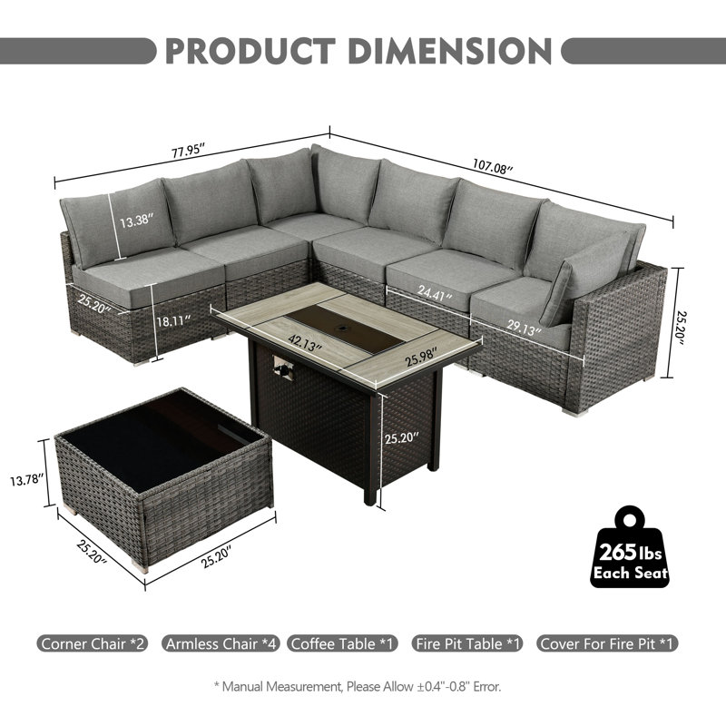 Premium All-Weather Wicker 6 - Person Modular Patio Conversation Sets with Cushions, Dark Gray
