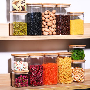 Glass Storage Jar Airtight Multipurpose 3 Layer Glass Food Jar 3 Tier Glass Stacking Apothecary Jar for Nuts Kitchen Cupboard Shelf Cabinet Wood Lid