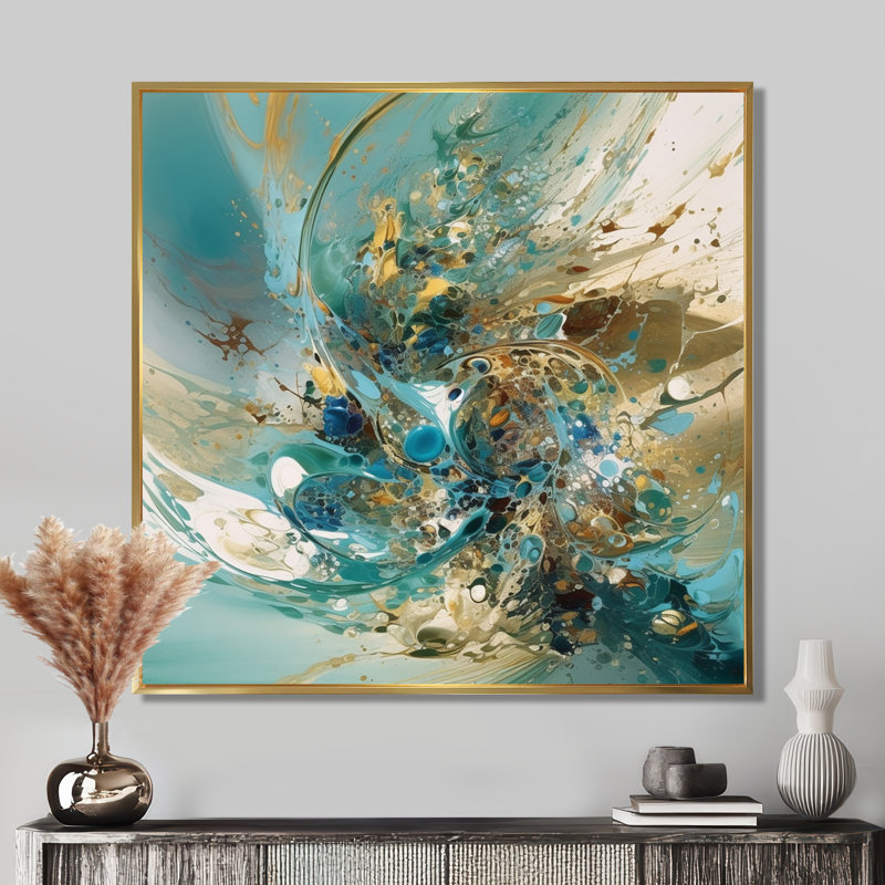 Encre liquide jaune captivante - art abstrait marbre, 44" H x 44" W, Cadre flottant doré