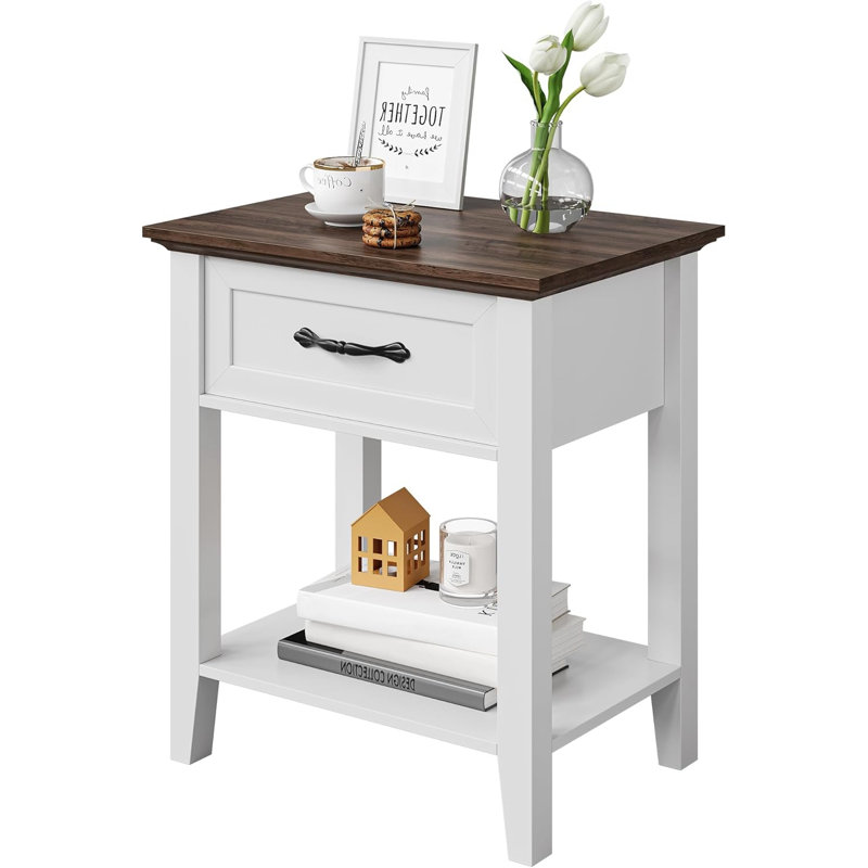 2Pcs End Table With Drawer, 2 Tiers, Gray, Gray
