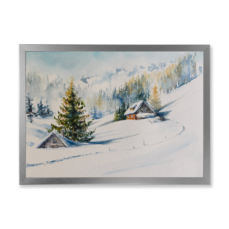 Petite maison dans les montagnes d'hiver - Peinture sur toile, H 24 po x l 32 po x 1,5 po, Toile encadrée argentée