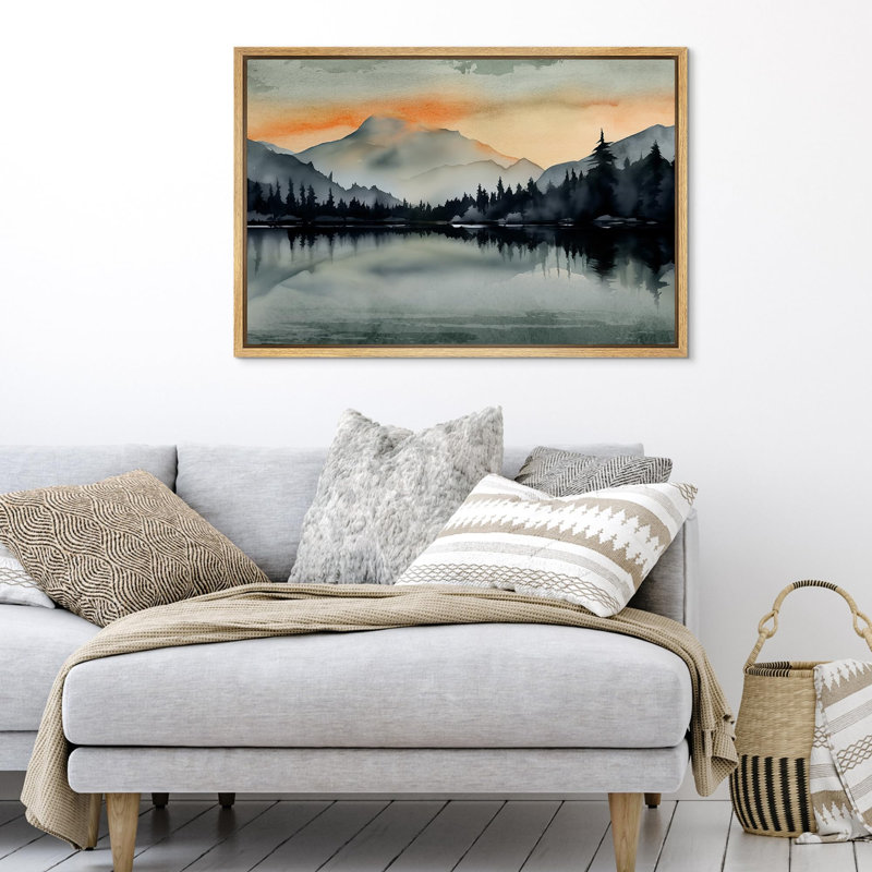 Paysage de forêt Woodland «Crimson Twilight Sunrise Mountain Lake» sur, Cadre flottant naturel, H 16 po x l 24 po