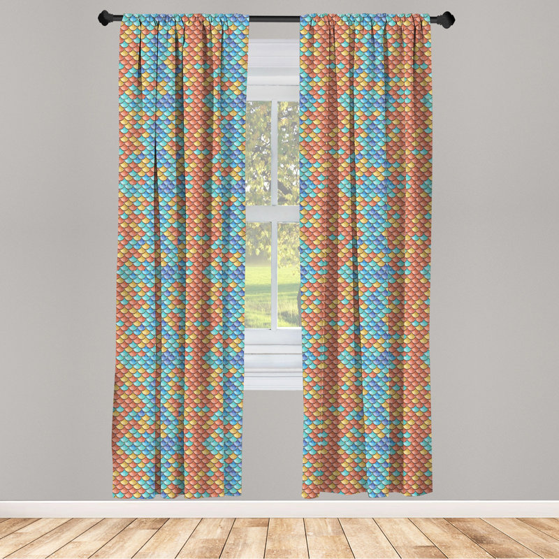 Fish Panel Curtain, Maritime Animal Scales Pattern Abstract Geometric Half Circles Mermaid Tail Design, Lightweight Window Treatment Living Room Bedroom Decor, Multicolor Semi-Sheer Rod Pocket Sliding Panel