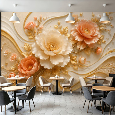 Peel and Stick Wallpaper Wall Mural Floral 3D Relief Art Decor Golden Details Soft Peach Flowers Wall Art Self Adhesive and Removable