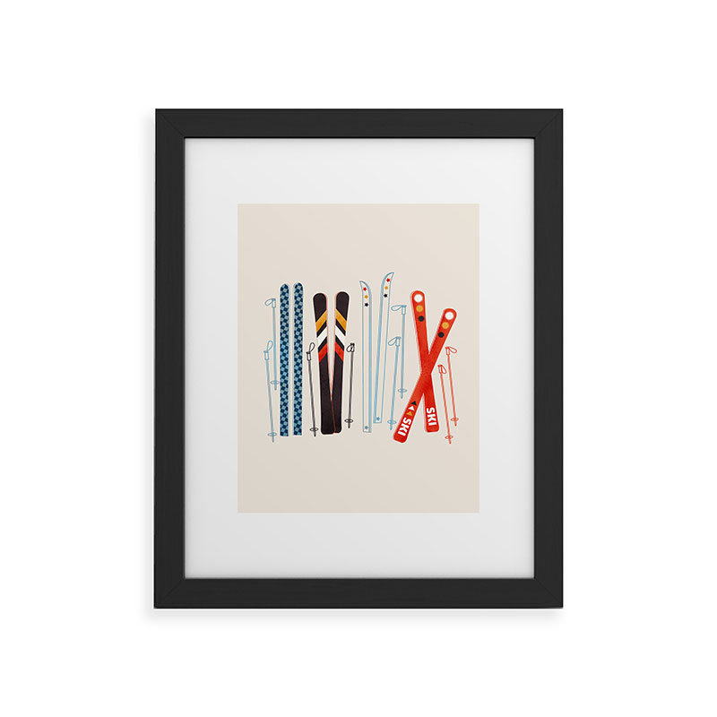 Showmemars Retro Ski Illustration, reproduction d'art encadrée, Encadré bois noir, H 24 po x l 18 po x P 1,5 po