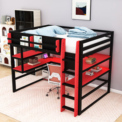 Wooden Loft Bed with Desk, Shelving, Charging Ports, and LED Lighting