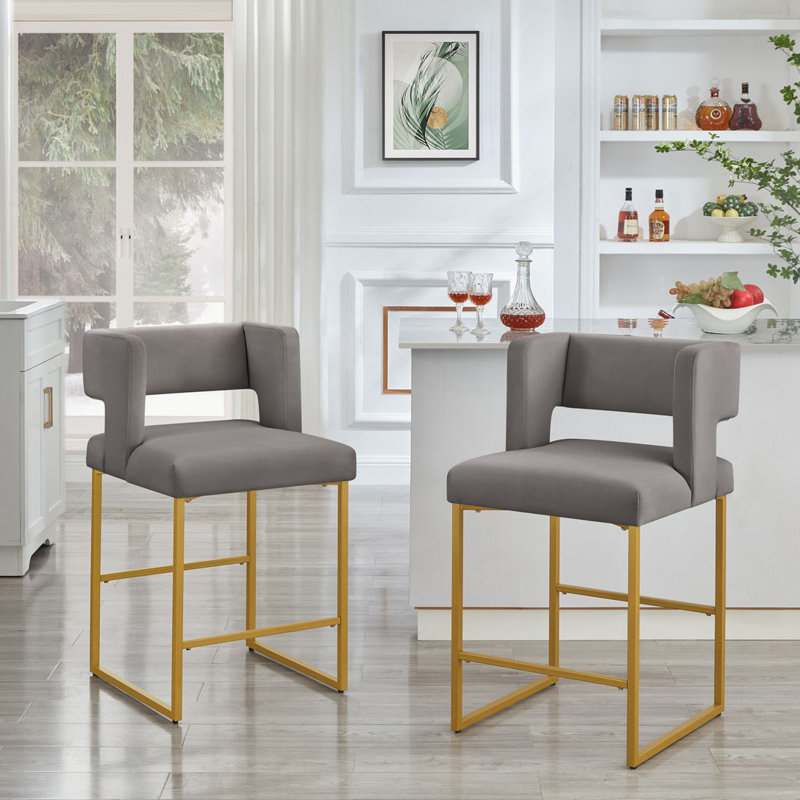 Alyncia Upholstered Counter Stool with Metal Frame, Gray Seat/ Gold Frame