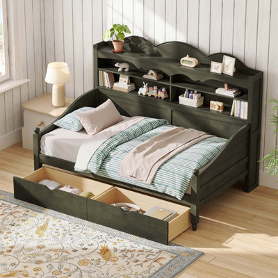Twin-Sized Daybed With Storage Drawers, Wooden Day Bed With Storage Headboard Shelving, Retro Style, Suitable For Bedrooms, Living Rooms And Guest Rooms, Box Spring Not Required And Simple To Assemble, White