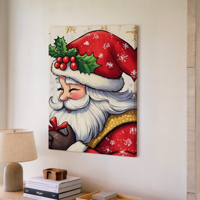 Toile, art mural fantaisiste de père Noël avec une expression joyeuse portant un chapeau rouge vif orné de feuilles de houx et toile