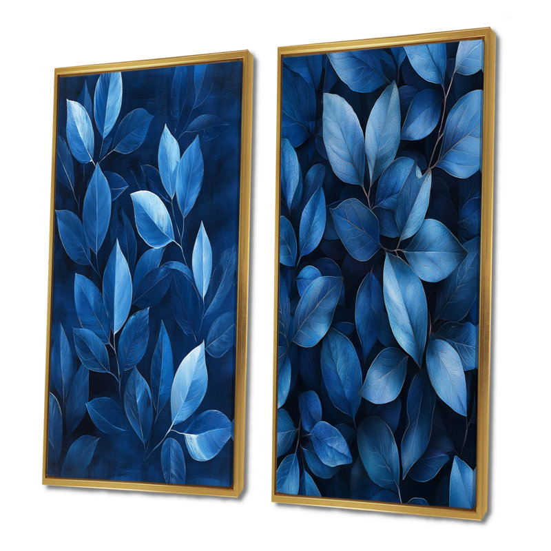 Feuilles bleu marine, échos de la forêt, plancher I - art mural floral 2 panneaux, H 32 po x l 33 po, Cadre flottant doré