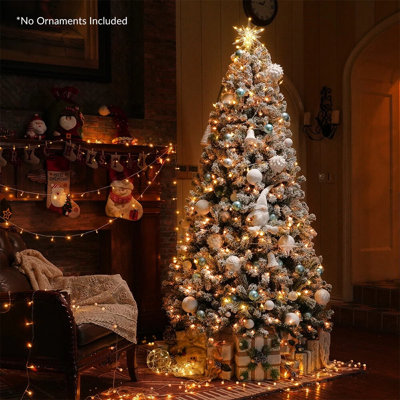 Arbre de Noël artificiel enneigé 7,5 pi avec 500 lumières blanc chaud, charnière en métal et sac de rangement