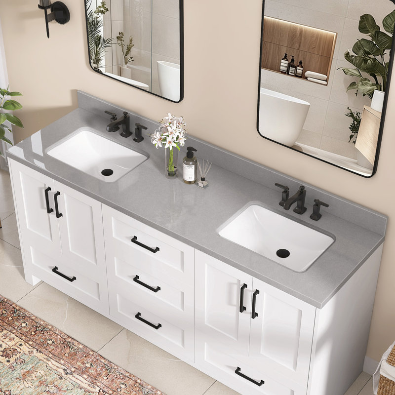 60 po X P 22 po D Comptoir de salle de bain gris pierre d'ingénierie avec double lavabo rectangulaire en céramique Dosseret en H et 3 trous de robinet pré-percés