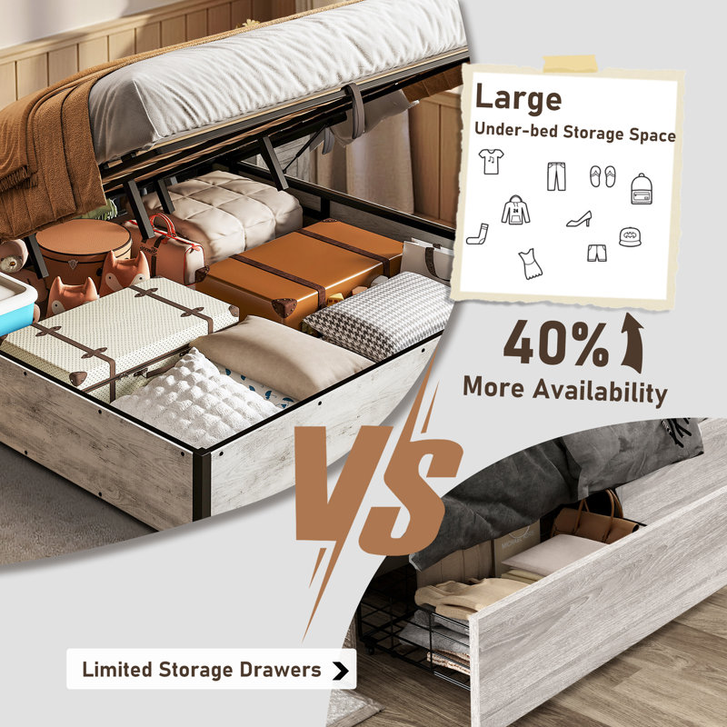 Shila Lift Up Storage Bed, King, White Oak