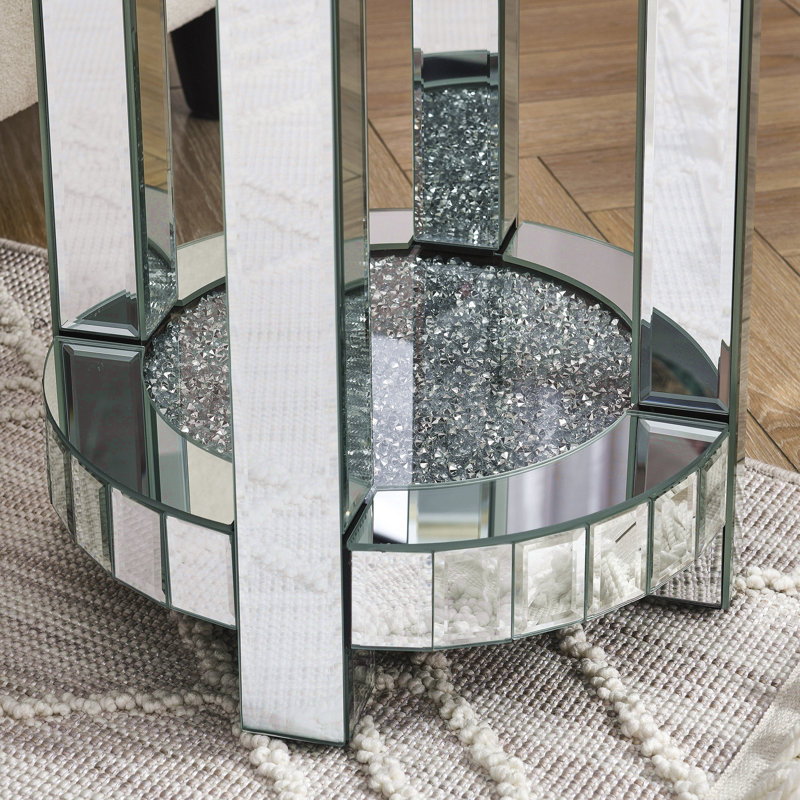 Table ronde à miroir avec incrustation de cristal, petit canapé moderne à 2 couches avec espace de rangement, table décorative argentée convenant au salon, à la chambre à coucher, au café et aux petits espaces