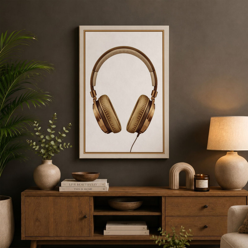 Brown Headphones Study Minimalist 1 Piece Wrapped Canvas Wall Art, 36x24 - 91.4 x 61.0 cm, Terracotta Border
