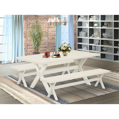 3 Piece Dining Set Contains a Rectangle Dining Room Table with X-Legs and 2 Kitchen Table Bench, linen white