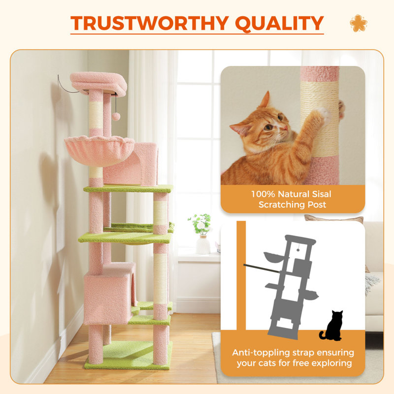 66" Pink and Green Sisal Cat Tower with Hammock
