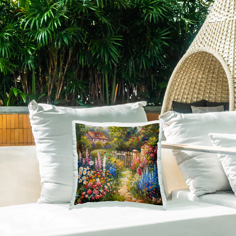 Coussin d'extérieur imprimé Stupell Industries Blooming Spring Cottage par LSR Design Studio