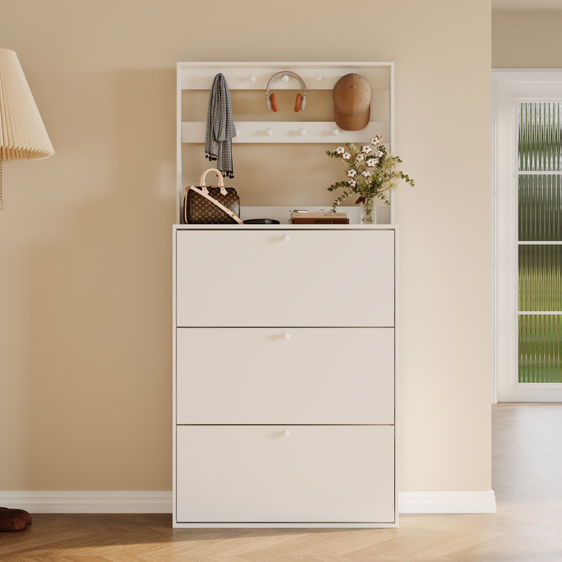 Armoire à chaussures avec 3 tiroirs rabattables et crochets, portemanteau et tablettes réglables, Blanc