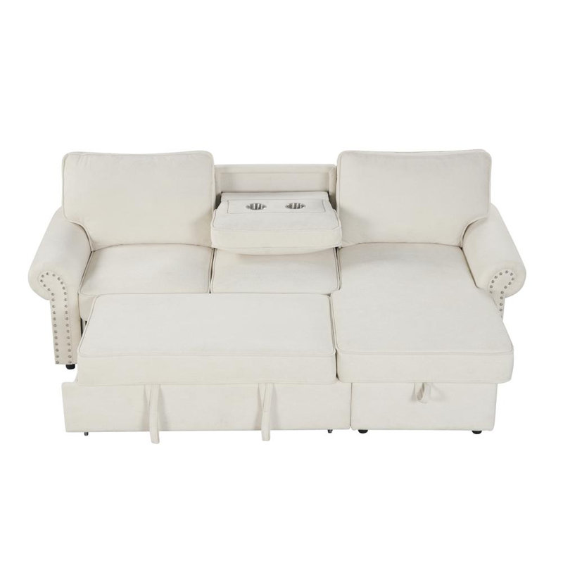Convertible Sectional Sleeper Sofa, Beige Polyester