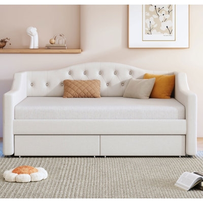 Twin XL Upholstered Daybed with LED Belt | 2-Drawer Sofa Bed Frame for Bedroom Organization