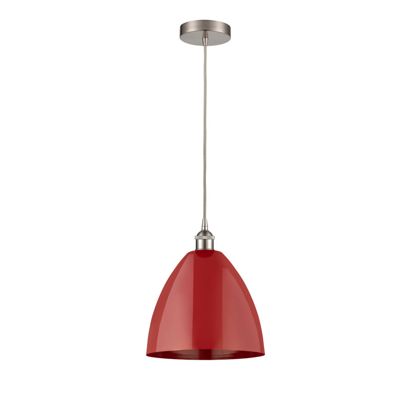 1 - Light Single Drop Pendant Pendant, Red, Brushed Satin Nickel, 12.88" H x 9" W x 9" D