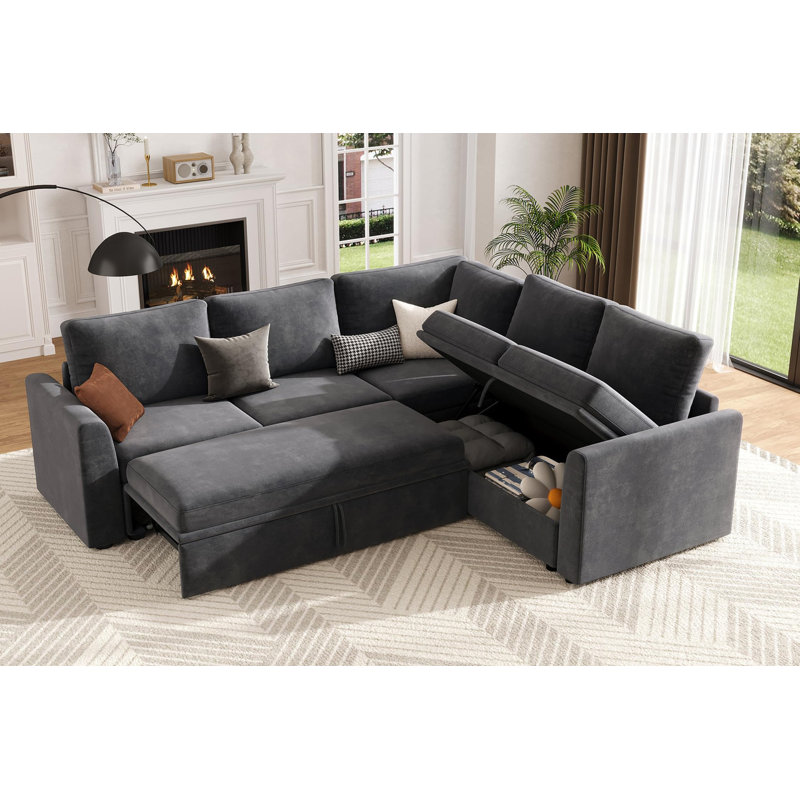 Canapé-lit modulaire en Corduroy avec lit escamotable et rangement, gris, Gris