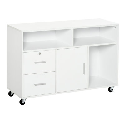 Armoire mobile pour bureau à domicile - Organisateur mobile blanc avec 2 cassettes verrouillables, un tiroir et 3 tablettes pour ranger les fournitures sur roulettes, ranger des dossiers de magazines