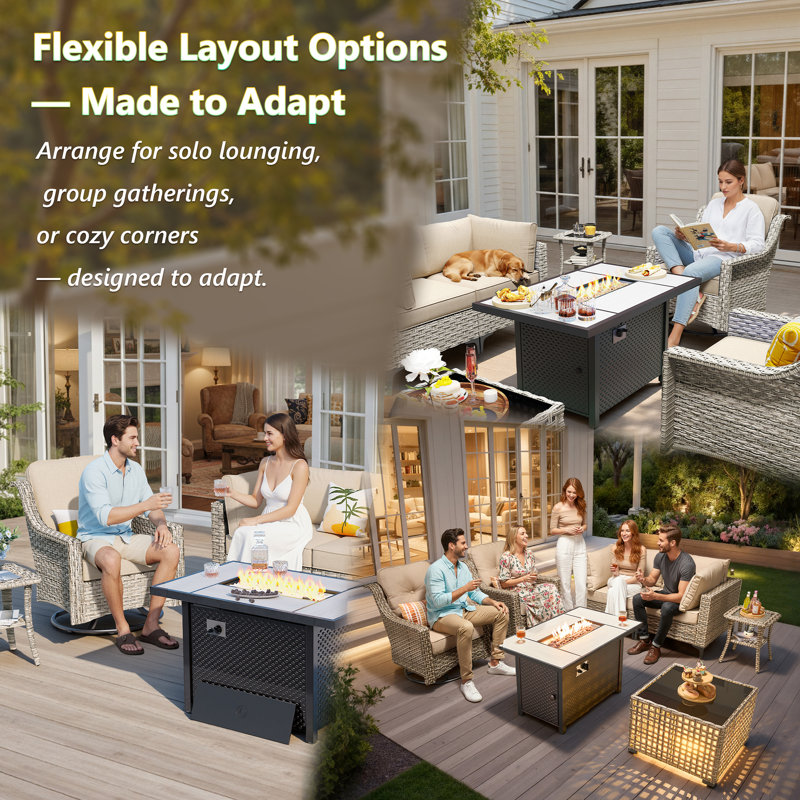 Sorella 5-Piece Outdoor Patio Furniture Set With Wicker Sectional Sofa & Lighted Coffee Table, Modern Patio Conversation Set For Porch, Deck & Backyard