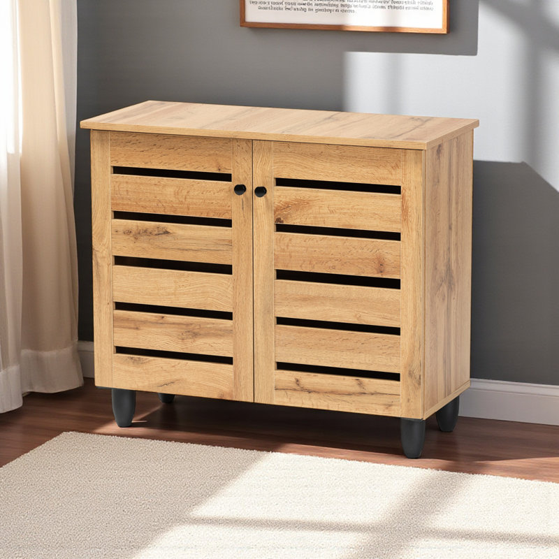 Kairo Oak Finish 3-Shelves With Two-Door Shoe Cabinet, 26.04" H X 29.77" W X 12.81" D