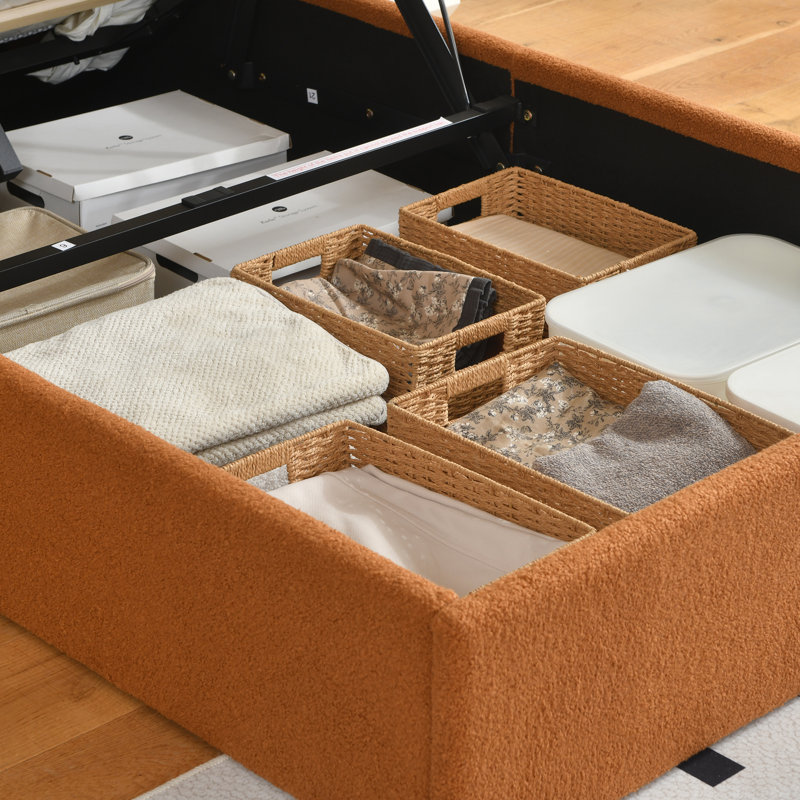 Lit plateforme tapissier Bensu Boucle, Simple, Brun