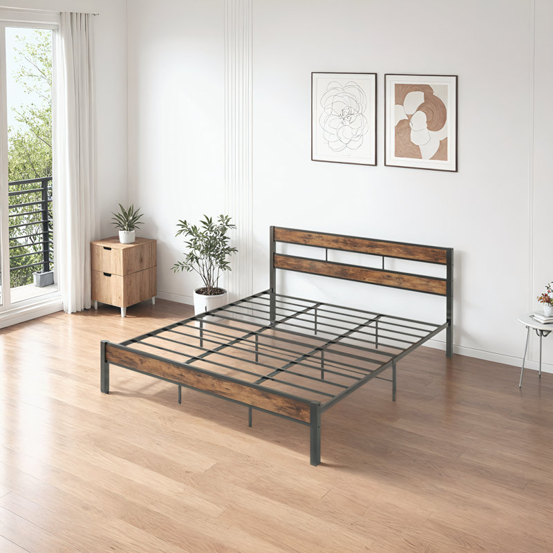 King Bed Frame And Headboard, Easy Assembly, Noise-free, No Box Spring Needed, Heavy Strong Metal Support Frames, Double-row Support Bars, Rustic Brown