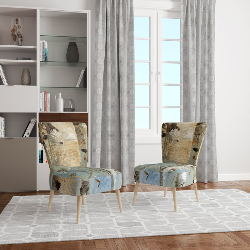 Upholstered Floral Side Chair - Modern floral Accent Chair, Abstract Beige/Blue Polyester Blend
