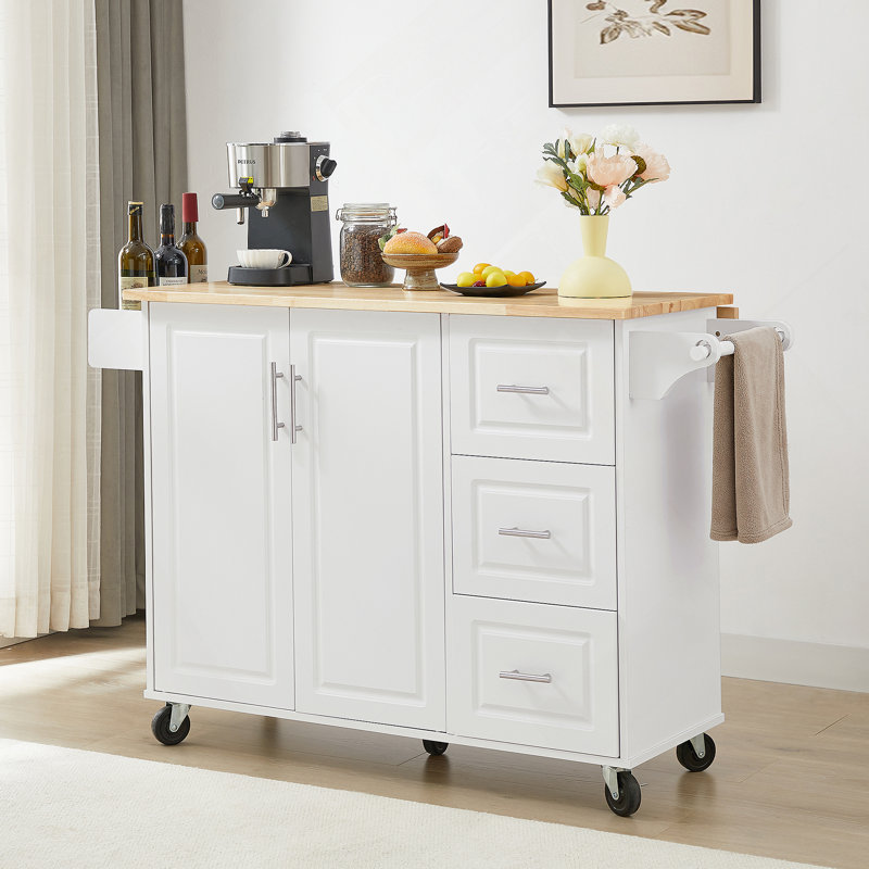 Îlot de cuisine avec comptoir à abattant, chariot d'îlot de cuisine, table d'îlot de cuisine avec porte de grange, Blanc