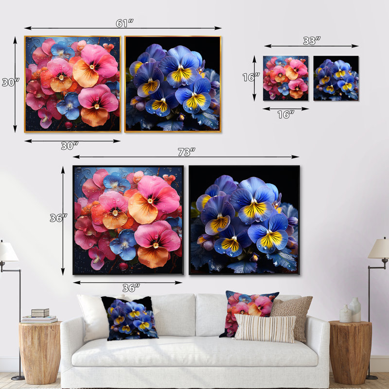 Neon Tropical Fantasy Pansys - Ensemble de 2 collages carrés, Cadre flottant noir, H 16 po x l 33 po
