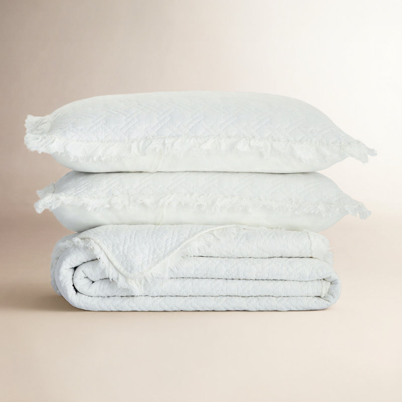 Ensemble de courtepointe en coton standard Marcine, Courtepointe simple et 1 taie décorative, Blanc