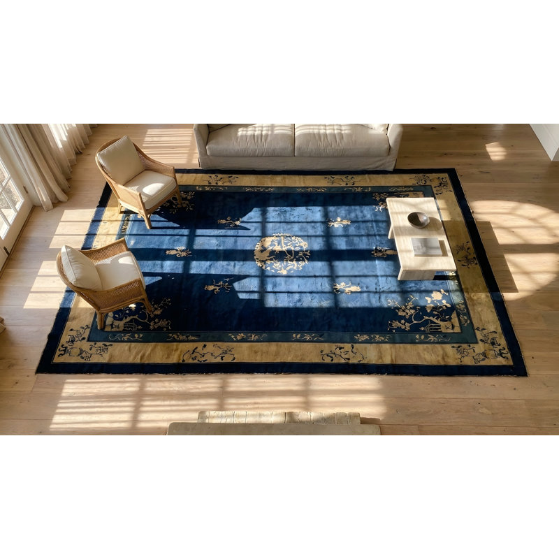 Antique Peking Chinese Floral, Medallion Beige, Blue Navy 1900s Rug